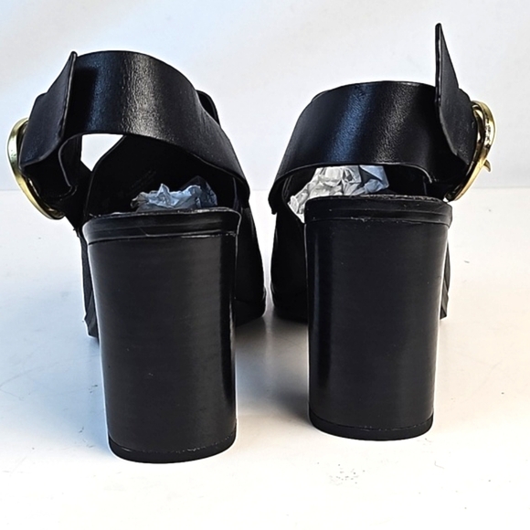 Franco Sarto Walter Black Leather Peep Toe Slingback Buckle Block Heel Sandal - Picture 8 of 16